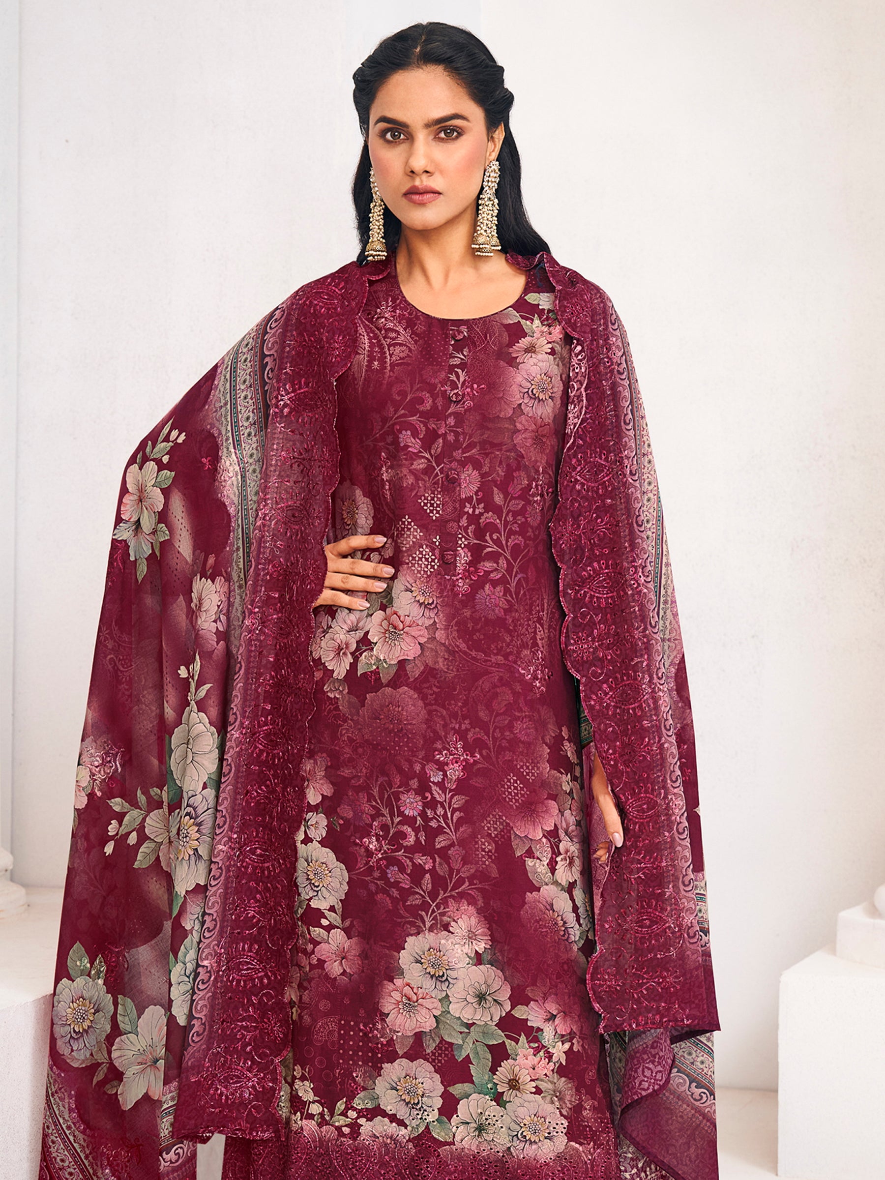 Maroon Lawn Cotton Digital Print Dress Material | Resham Thread Work & Floral Cut Work Couture