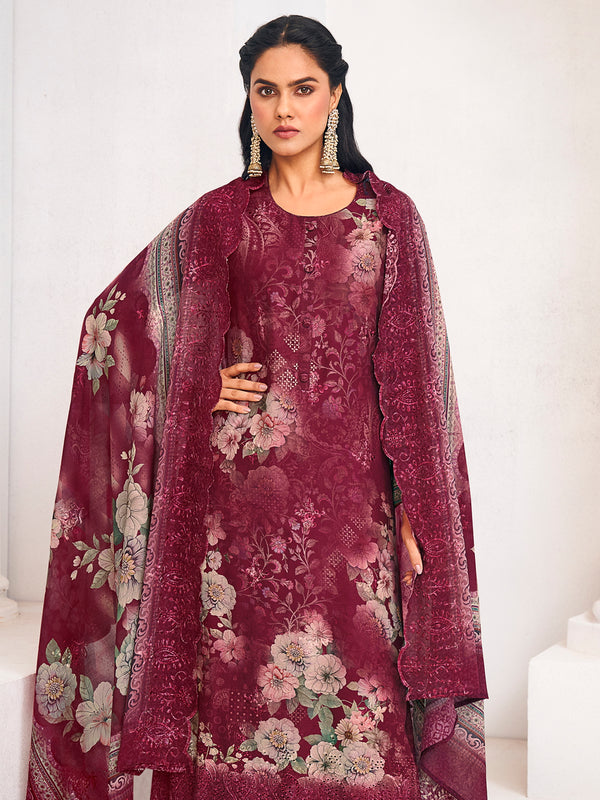 Maroon Lawn Cotton Digital Print Dress Material | Resham Thread Work & Floral Cut Work Couture