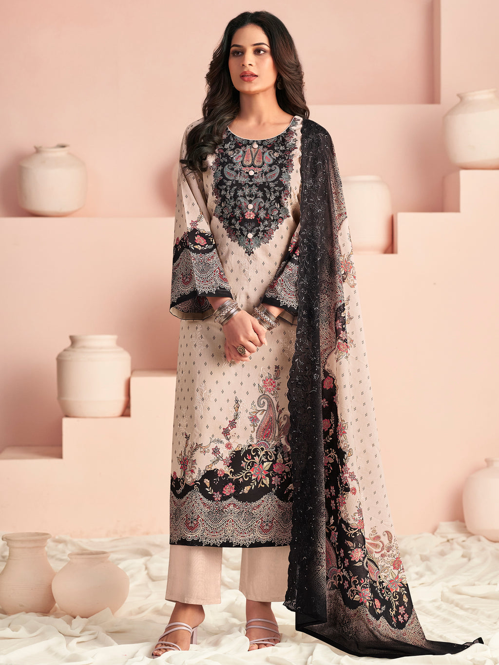 Elegant Beige Lawn Cotton Digital Print Suit | Resham Embroidered Floral Ensemble