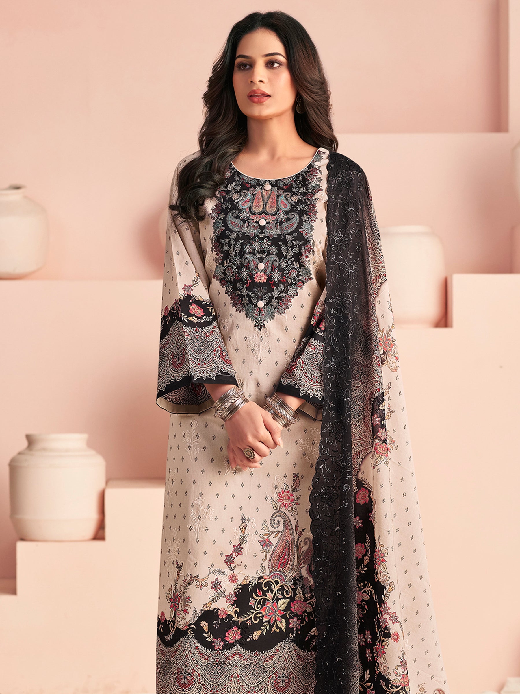 Elegant Beige Lawn Cotton Digital Print Suit | Resham Embroidered Floral Ensemble