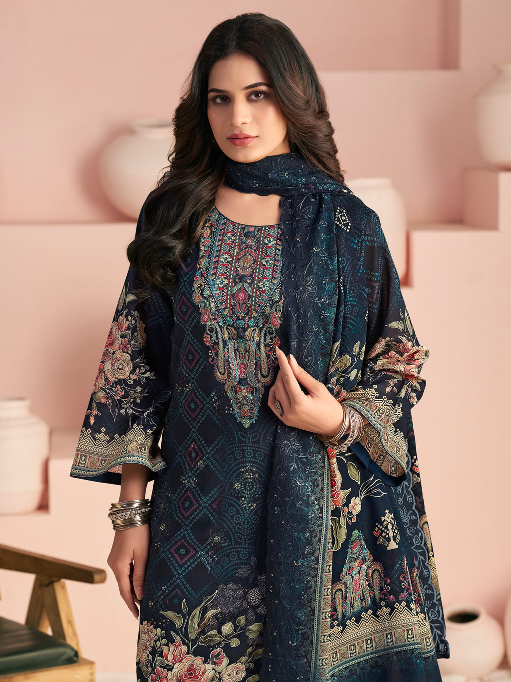 Royal Navy Blue Lawn Cotton Digital Print Suit | Resham Embroidered Floral Masterpiece