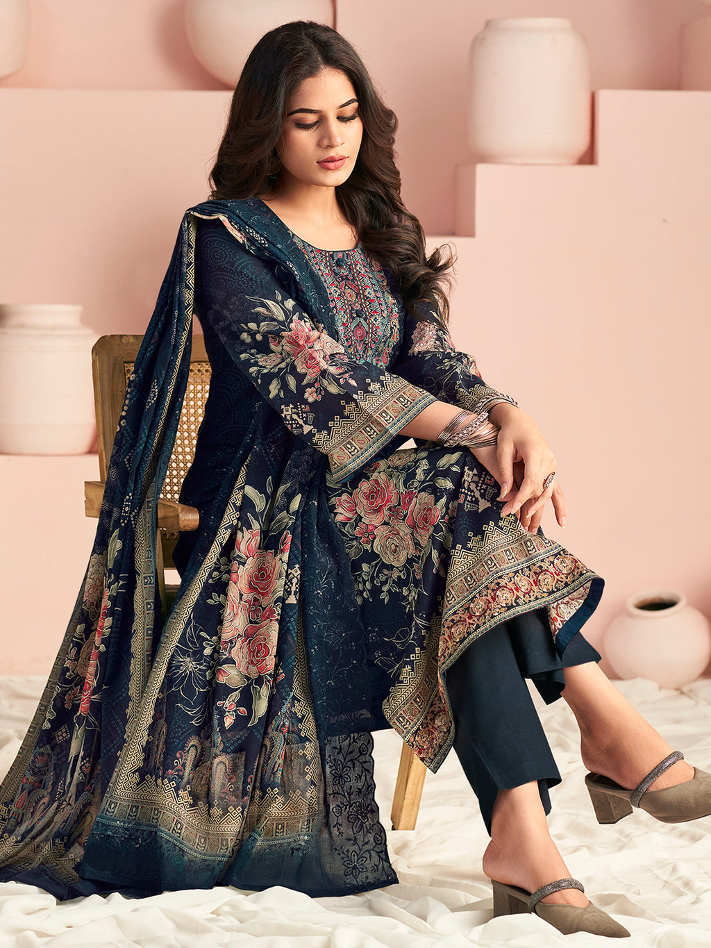 Royal Navy Blue Lawn Cotton Digital Print Suit | Resham Embroidered Floral Masterpiece