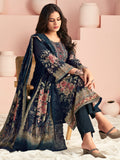 Royal Navy Blue Lawn Cotton Digital Print Suit | Resham Embroidered Floral Masterpiece