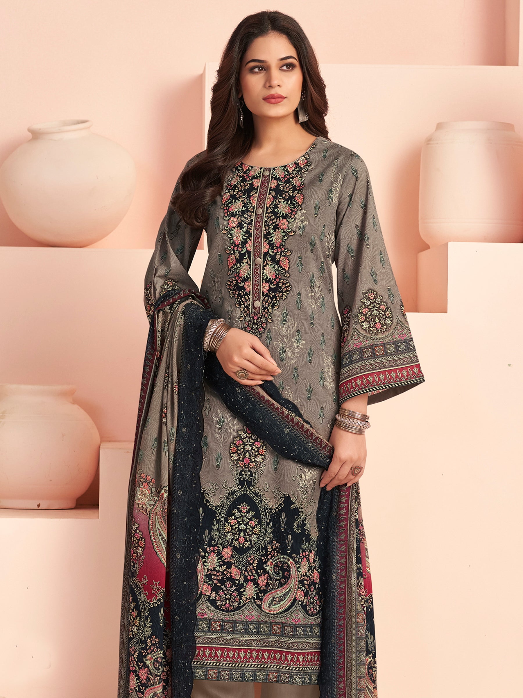 Contemporary Grey Lawn Cotton Digital Print Suit | Resham Embroidered Floral Creation