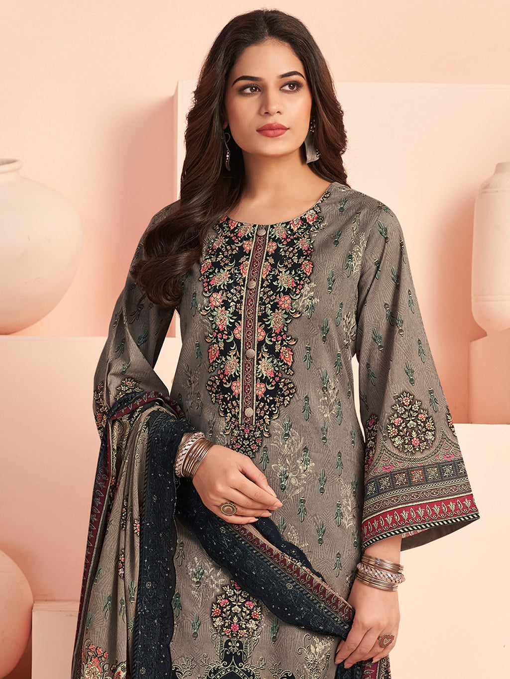 Contemporary Grey Lawn Cotton Digital Print Suit | Resham Embroidered Floral Creation