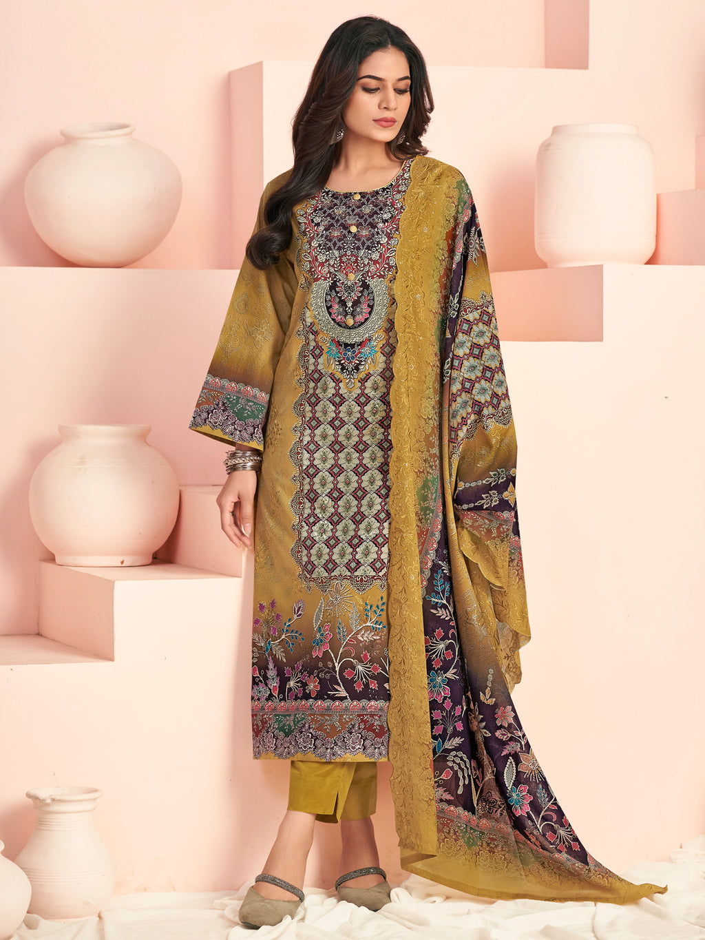 Vibrant Mustard Yellow Lawn Cotton Digital Print Suit | Resham Embroidered Floral Splendor