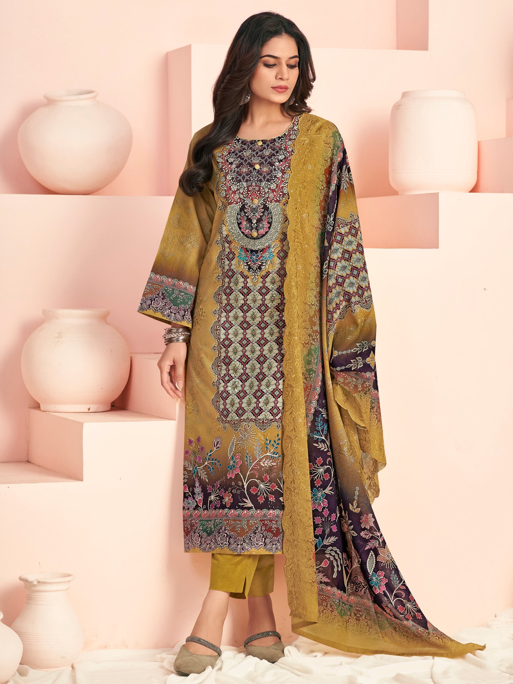 Vibrant Mustard Yellow Lawn Cotton Digital Print Suit | Resham Embroidered Floral Splendor