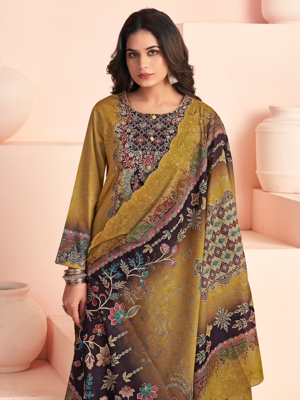 Vibrant Mustard Yellow Lawn Cotton Digital Print Suit | Resham Embroidered Floral Splendor
