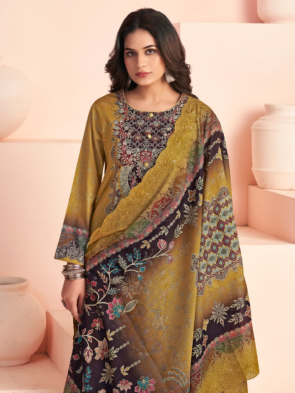 Vibrant Mustard Yellow Lawn Cotton Digital Print Suit | Resham Embroidered Floral Splendor