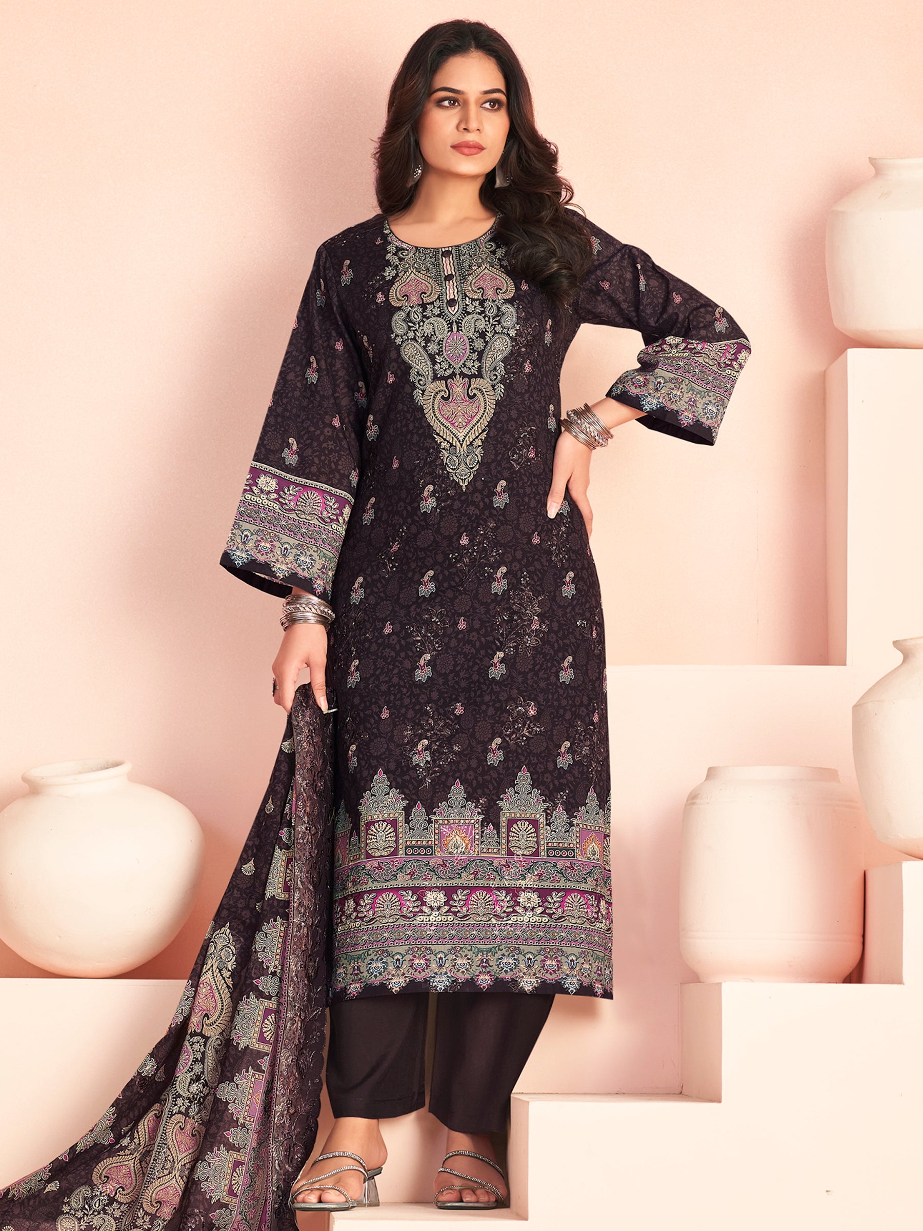 Earthy Brown Lawn Cotton Digital Print Suit | Resham Embroidered Floral Elegance