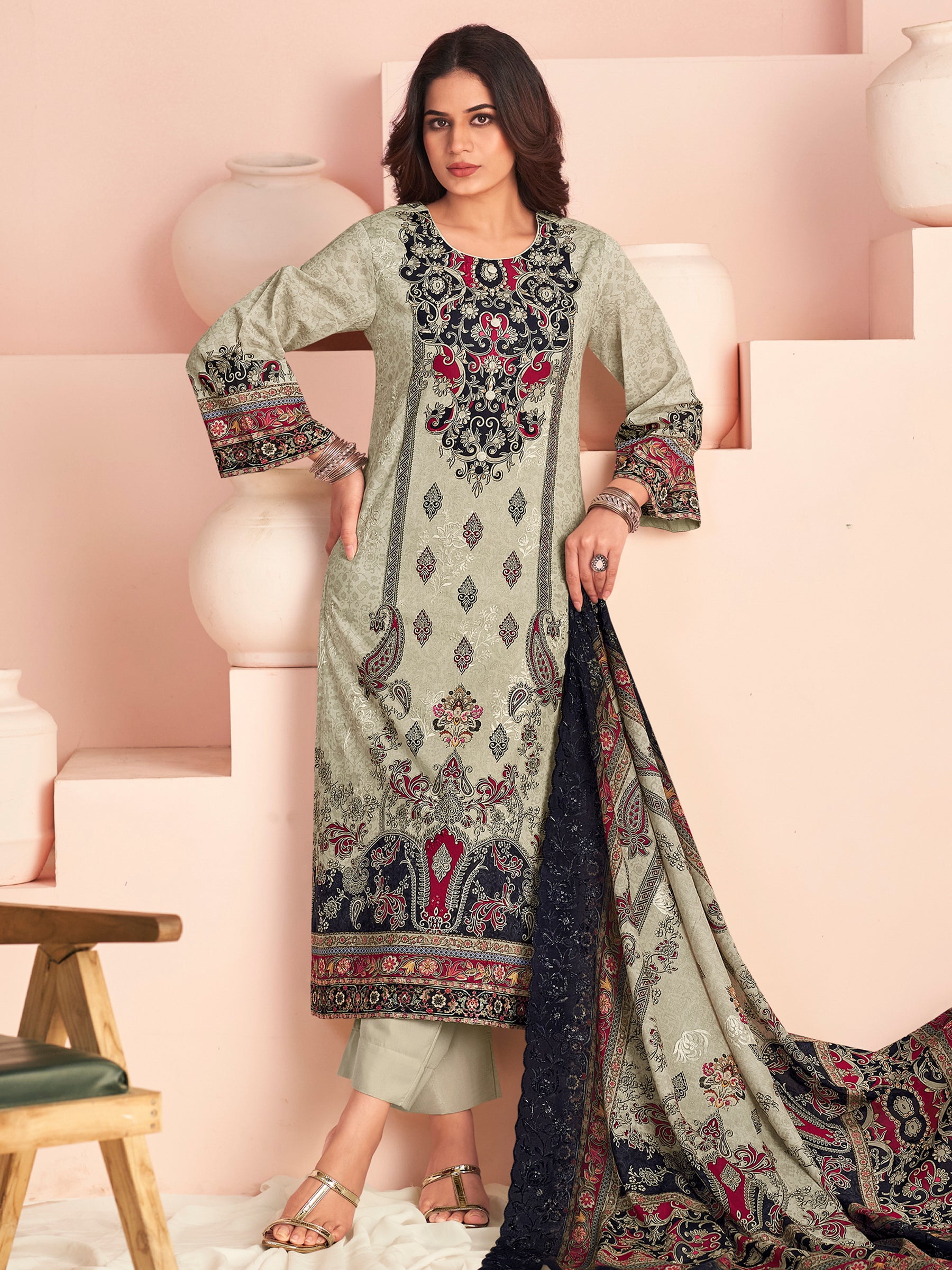 Ethereal Off White Lawn Cotton Digital Print Suit | Resham Embroidered Floral Grace