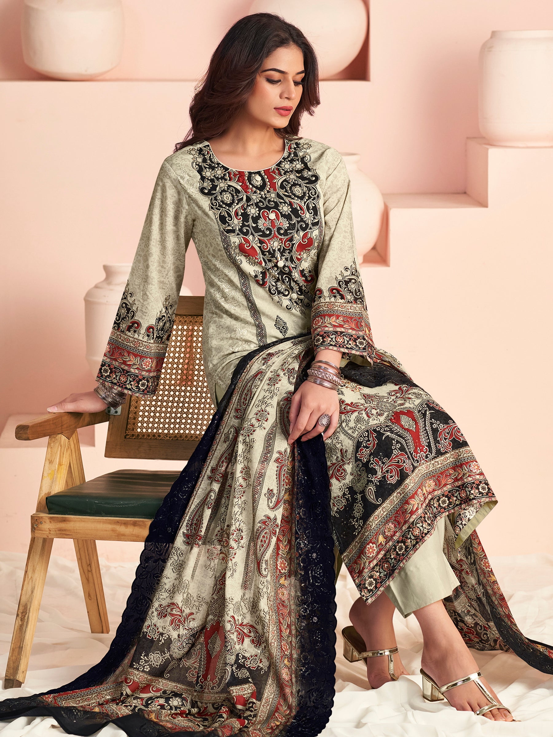 Ethereal Off White Lawn Cotton Digital Print Suit | Resham Embroidered Floral Grace