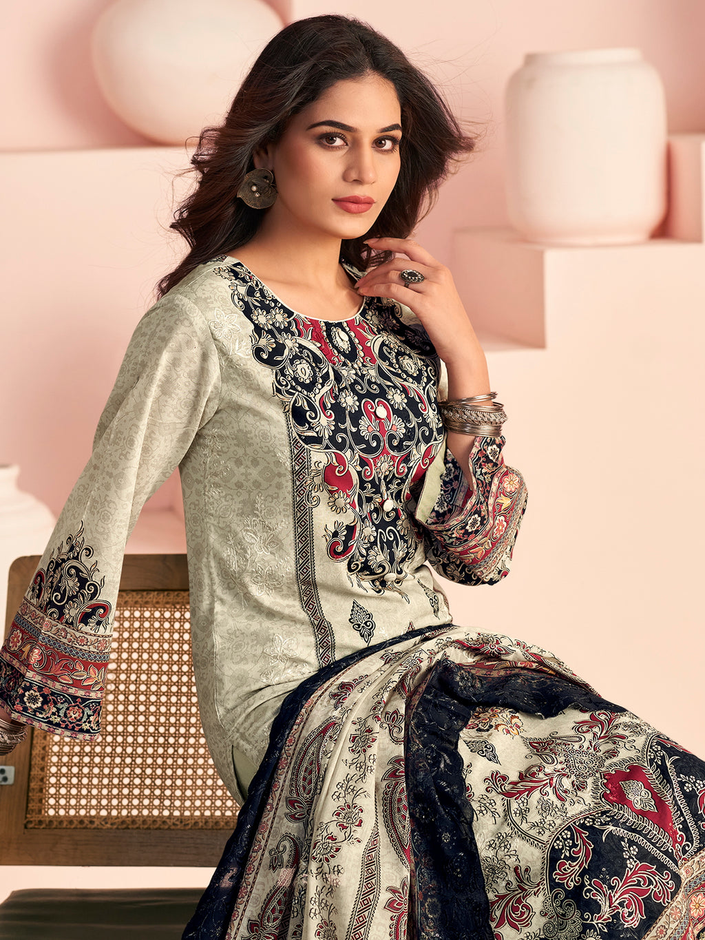 Ethereal Off White Lawn Cotton Digital Print Suit | Resham Embroidered Floral Grace