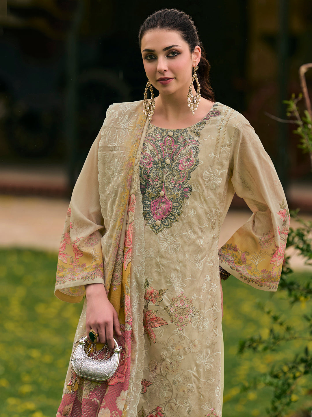 Cream Floral Print Dress Material with Resham Thread Work