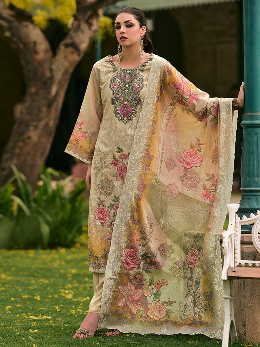 Cream Floral Print Dress Material with Resham Thread Work