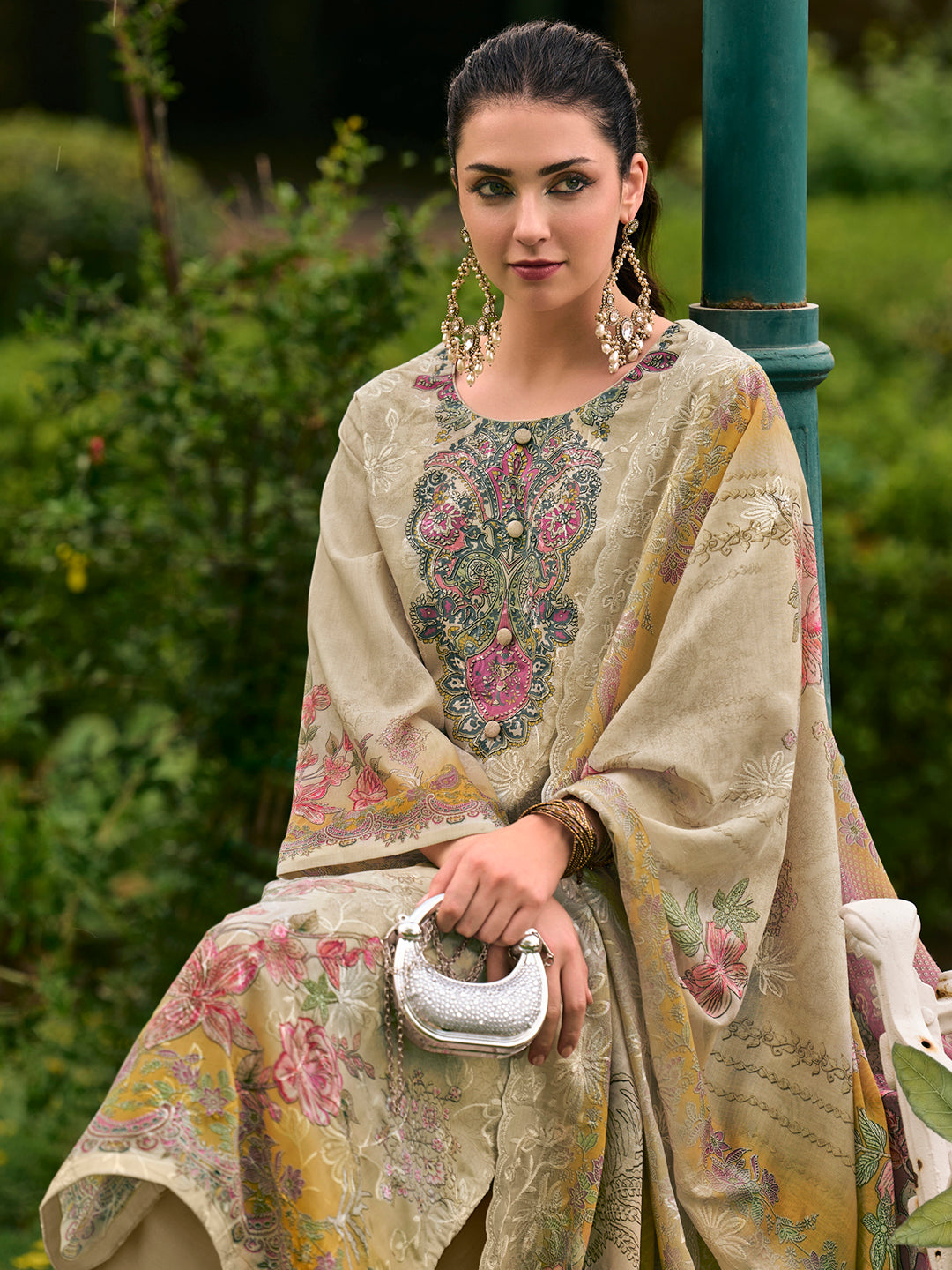 Cream Floral Print Dress Material with Resham Thread Work
