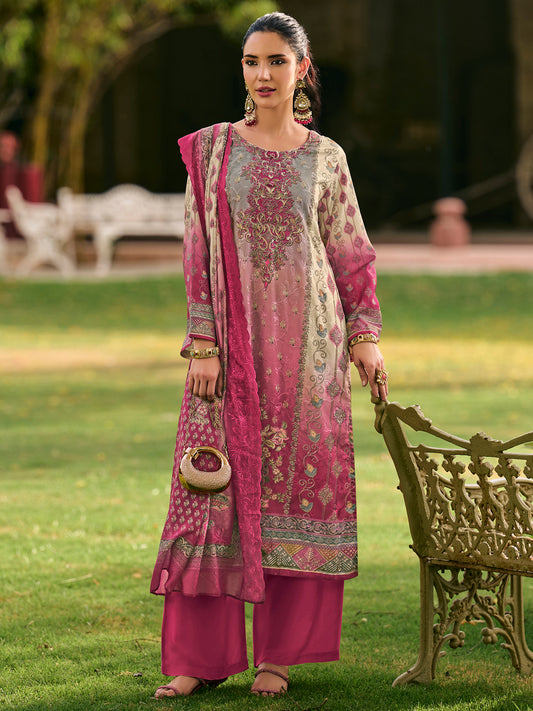 Magenta Floral Print Dress Material with Resham Thread Work