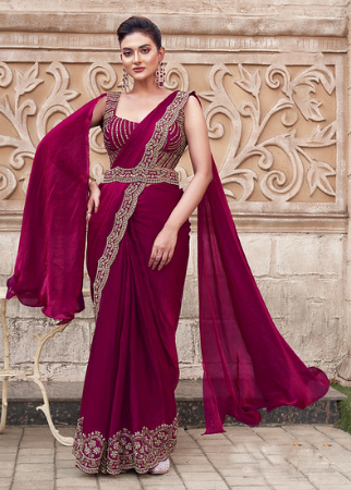 Maroon Two Tone Satin Silk Saree | Hand-Embroidered Pearl Work Couture