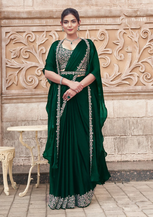 Green Shimmer Chiffon Saree | Hand-Embroidered Sequin Work Couture