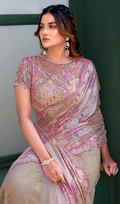 Chiku Gucci Velvet Designer Saree | Pure Beads Hand Work with Digital Foil Print