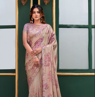 Chiku Gucci Velvet Designer Saree | Pure Beads Hand Work with Digital Foil Print