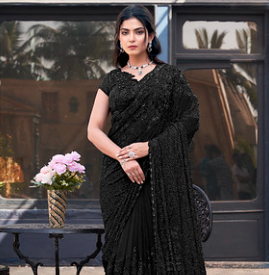 Black Armani Tulle Designer Saree | Applique with Pure Beads Work