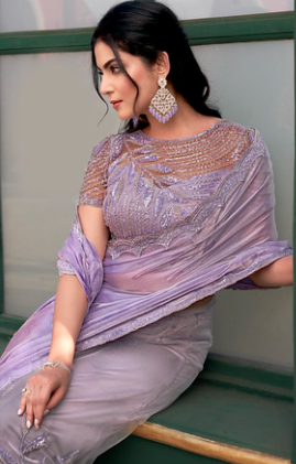 Lovender Versace Illusion Designer Saree | Pure Beads Hand Work with Stitched Blouse