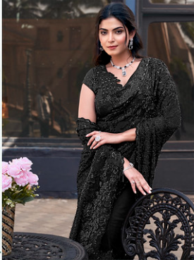 Black Armani Tulle Designer Saree | Applique with Pure Beads Work