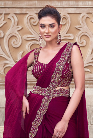 Maroon Two Tone Satin Silk Saree | Hand-Embroidered Pearl Work Couture