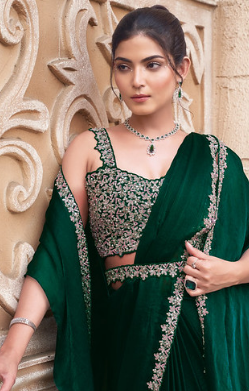 Green Shimmer Chiffon Saree | Hand-Embroidered Sequin Work Couture