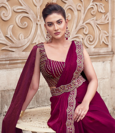 Maroon Two Tone Satin Silk Saree | Hand-Embroidered Pearl Work Couture
