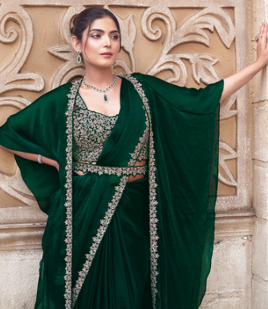 Green Shimmer Chiffon Saree | Hand-Embroidered Sequin Work Couture