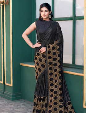 Black Gucci Velvet Designer Saree | Pure Beads Hand Work with Stitched Blouse