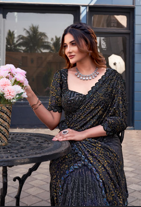 Black Gucci Velvet Designer Saree | PureBeads Hand Work with Foil Coated Brasso