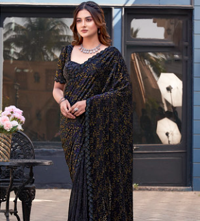 Black Gucci Velvet Designer Saree | PureBeads Hand Work with Foil Coated Brasso