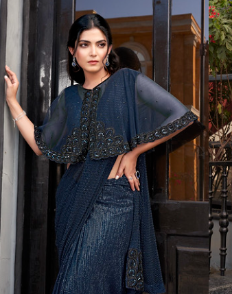 Navy Blue Armani Tulle Designer Saree | Pure Beads Hand Work with Stitched Blouse