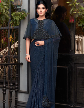 Navy Blue Armani Tulle Designer Saree | Pure Beads Hand Work with Stitched Blouse