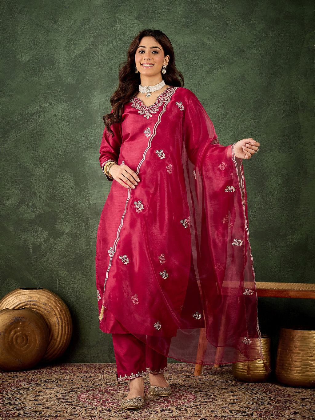 Cherry Bliss Silk Blend Suit | Designer Embroidered Organza Dupatta Ensemble