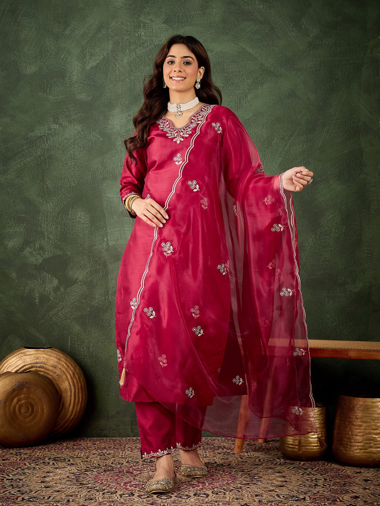 Cherry Bliss Silk Blend Suit | Designer Embroidered Organza Dupatta Ensemble| Unstitched Fabric