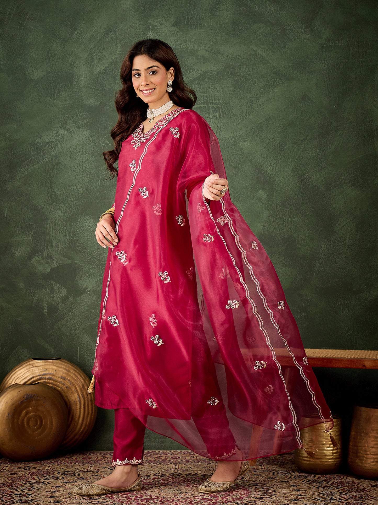 Cherry Bliss Silk Blend Suit | Designer Embroidered Organza Dupatta Ensemble| Unstitched Fabric