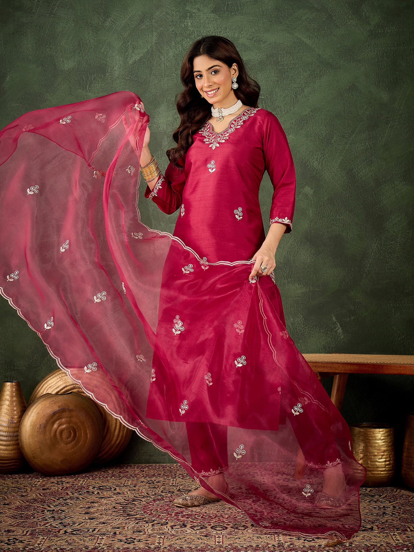 Cherry Bliss Silk Blend Suit | Designer Embroidered Organza Dupatta Ensemble| Unstitched Fabric
