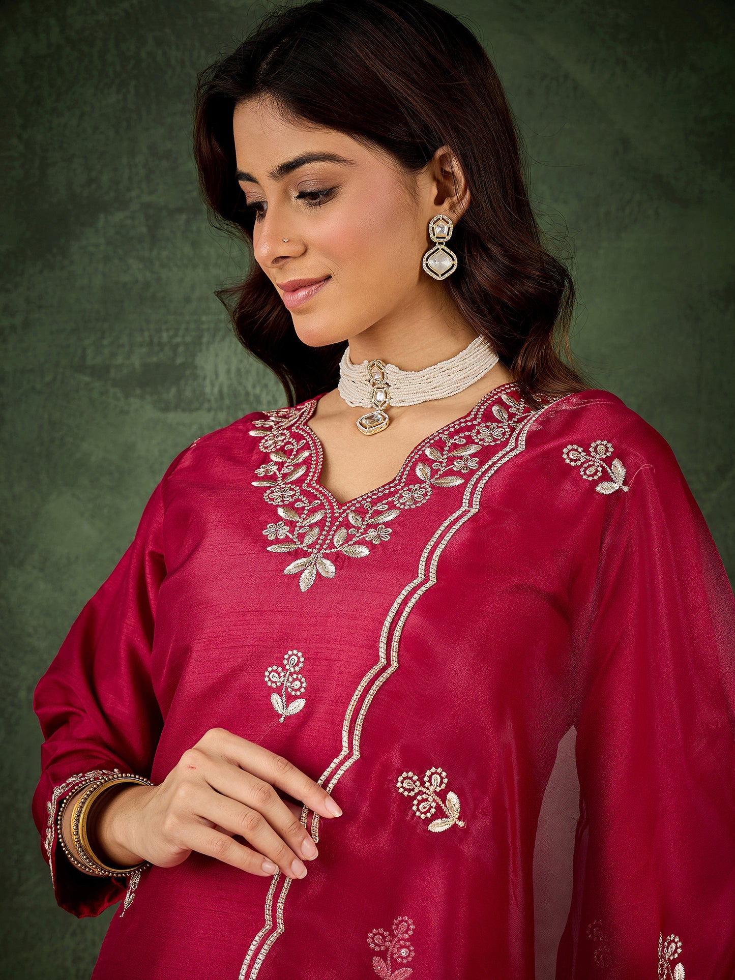 Cherry Bliss Silk Blend Suit | Designer Embroidered Organza Dupatta Ensemble| Unstitched Fabric