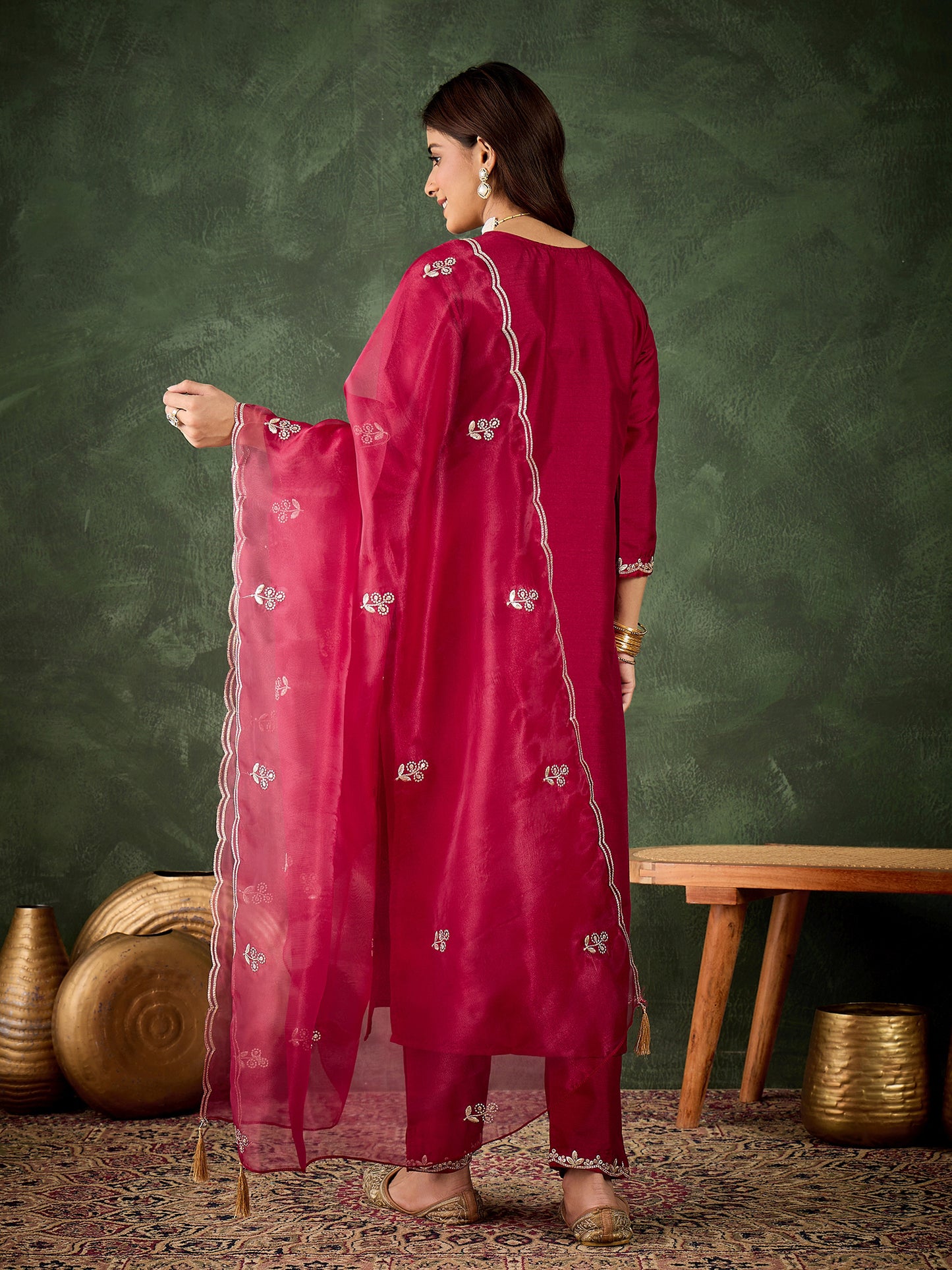 Cherry Bliss Silk Blend Suit | Designer Embroidered Organza Dupatta Ensemble| Unstitched Fabric