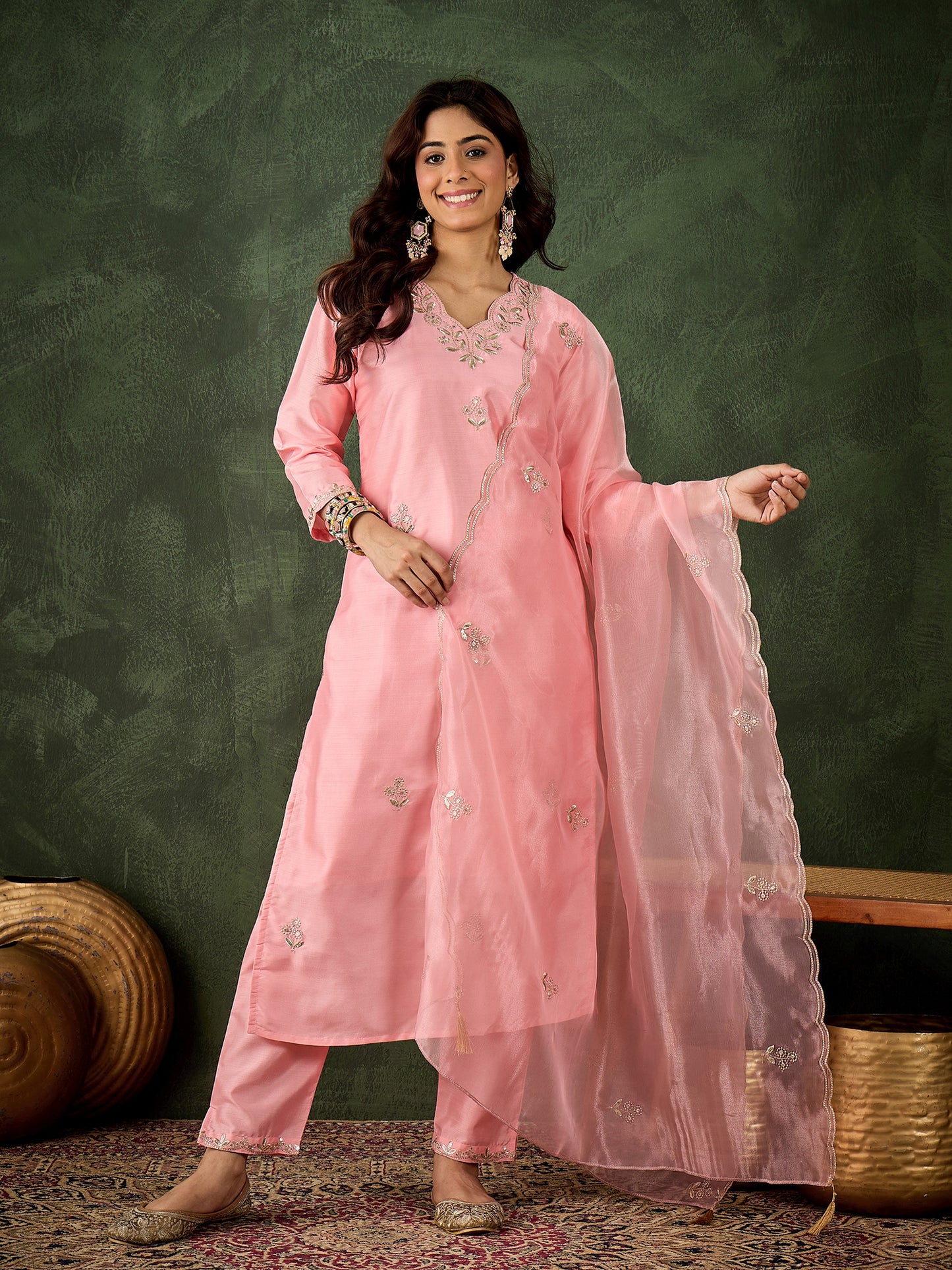 Pretty in Pink Silk Blend Suit | Designer Embroidered Organza Dupatta Creation| Unstitched Fabric