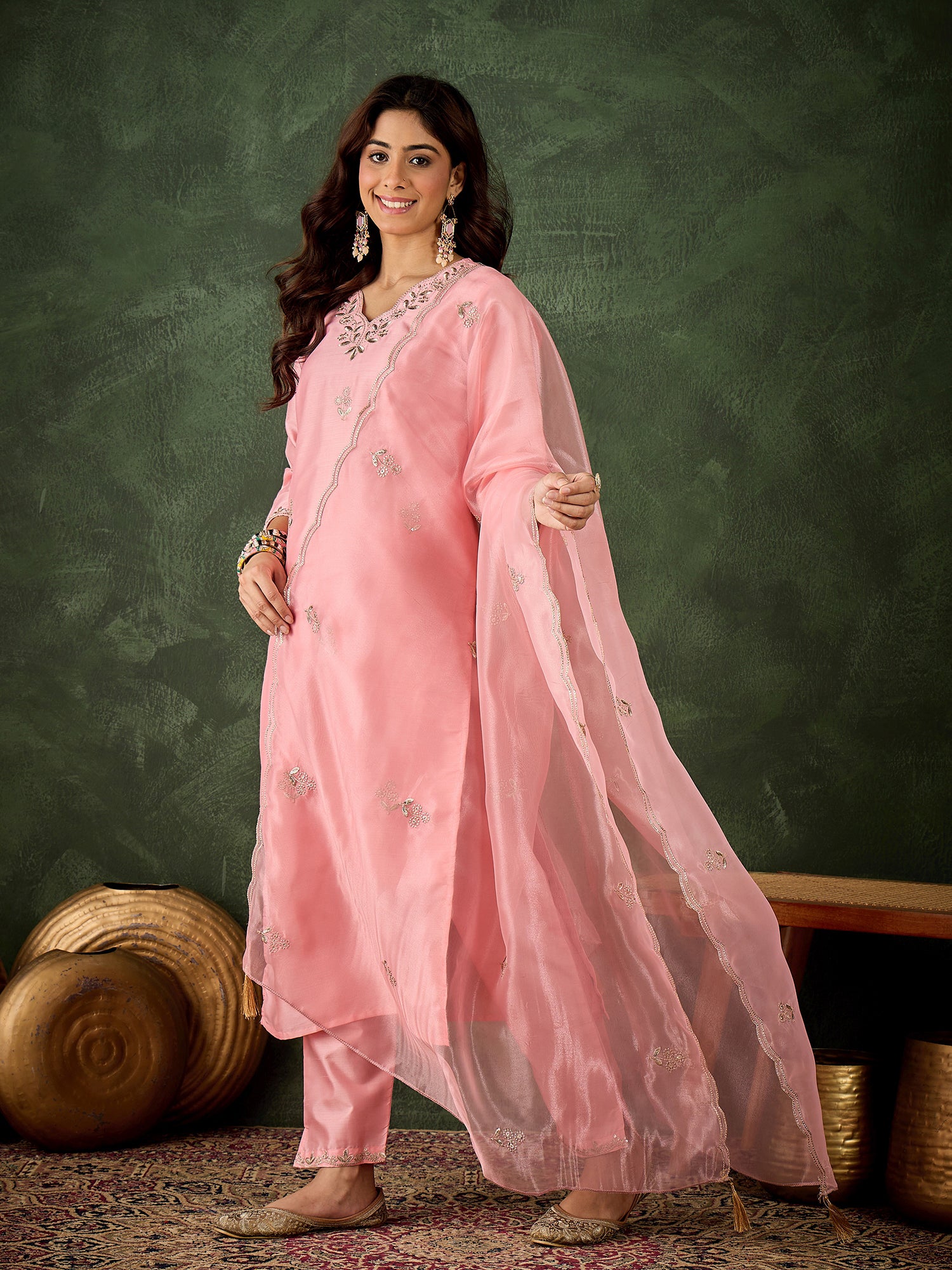 Pretty in Pink Silk Blend Suit | Designer Embroidered Organza Dupatta Creation