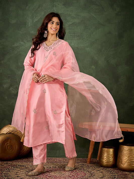 Pretty in Pink Silk Blend Suit | Designer Embroidered Organza Dupatta Creation| Unstitched Fabric