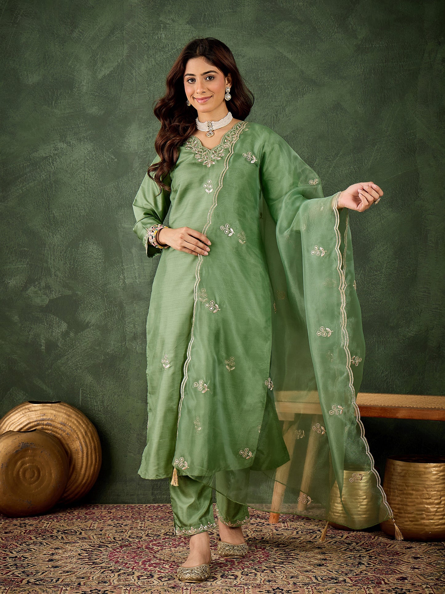 Emerald Elegance Silk Blend Suit | Designer Embroidered Organza Dupatta Ensemble| Unstitched Fabric