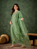 Emerald Elegance Silk Blend Suit | Designer Embroidered Organza Dupatta Ensemble