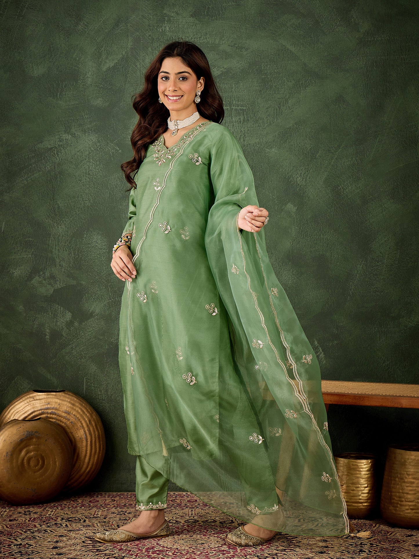 Emerald Elegance Silk Blend Suit | Designer Embroidered Organza Dupatta Ensemble| Unstitched Fabric