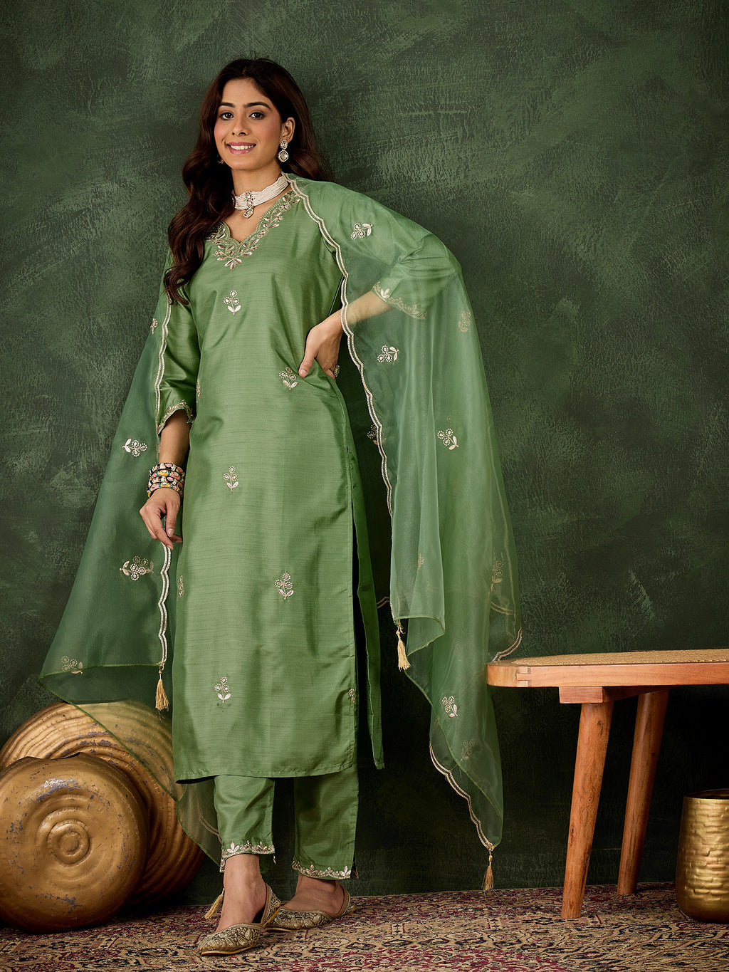 Emerald Elegance Silk Blend Suit | Designer Embroidered Organza Dupatta Ensemble